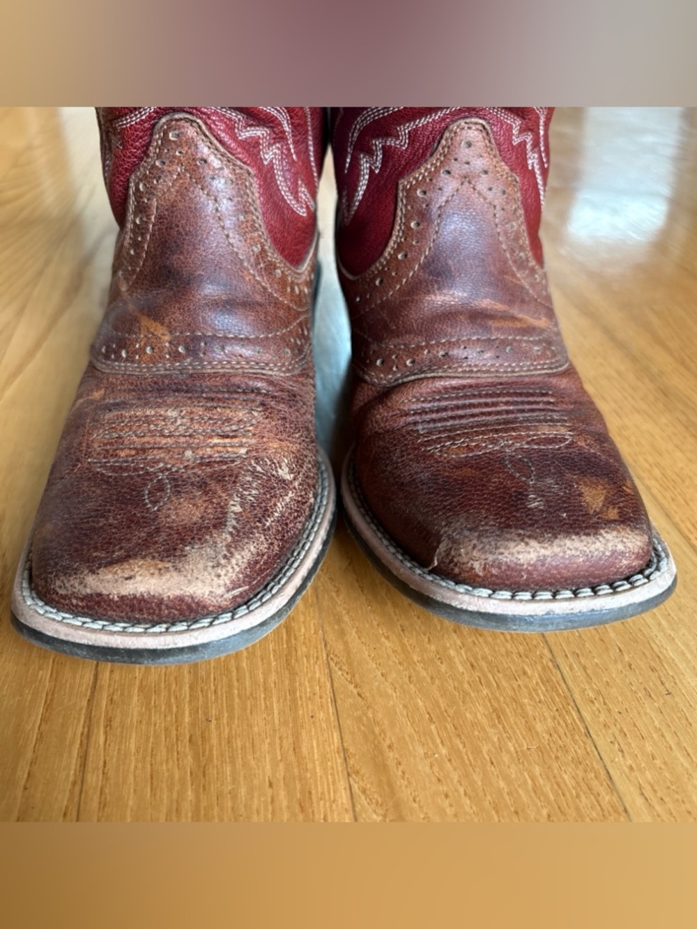 Ariat Heritage Roughstock Leather Boots Kids Sz 13 Western Tan Cherry Square Toe - Picture 8 of 11